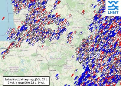 Žemėlapyje – per praėjusias 24 val. užfiksuoti žaibų išlydžiai. Meteo.lt