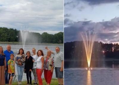 Obelių bendruomenė džiaugiasi nauju traukos objektu - penktadienį Obelių ežerą papuošė fontanas. Obelių bendruomenės centro nuotr.