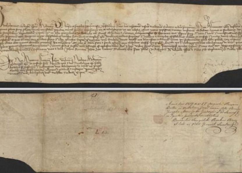Žemaičių vyskupo Baltramiejaus 1471 metų raštas, kuriuo jis suteikia 40 dienų atlaidus Luokės bažnyčią aplankantiems ir joje nustatytą skaičių poterių sukalbantiems maldininkams. LMA Vrublevskių biblioteka. 