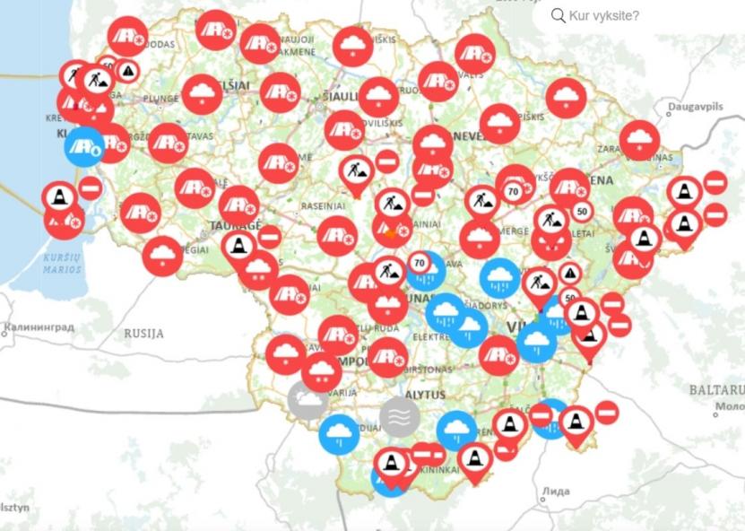 Kelių būklės žemėlapis penktadienio vakarą. Via Lietuva nuotr.. 