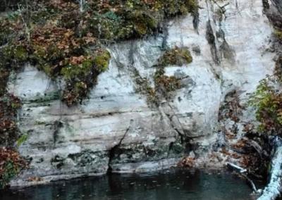 Balti sukietėję smėlio sluoksniai statmenai leidžiasi į Virintos srovę. Vidmanto Januškos nuotr.