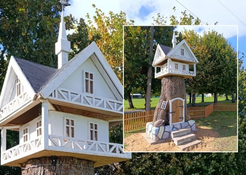 Instaliacijos pagrindu tapo didingas, masyvus medžio kamienas, pastatytas ant butaforinio akmeninio pamato su laipteliais. Šilutės naujienos nuotr. 